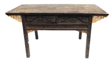 A 19thC Chinese altar table, fitted with two drawers, with fret cut brackets, on slightly splayed sq