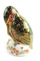 A Royal Crown Derby porcelain paperweight modelled as a kingfisher, gold stopper and red printed mar