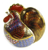 A Royal Crown Derby cockerel paperweight, silver stopper and red printed marks, 11cm high.