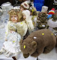 Various bisque porcelain faced dolls, soft toy bear, etc. (a quantity)