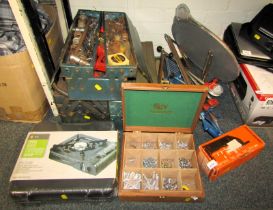 Various tools, to include three cantilever toolboxes, a High Gear portable gas cooker, Black and Dec