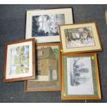Various pictures, prints, etc., to include street scene, photographic print of buildings, etc. (a qu