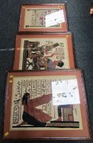 Three papyrus type prints depicting Egyptian stylised figures, etc.