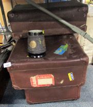 Three mid century suitcases, together with a pottery tankard inset with medallions commemorating the