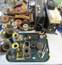 General household effects, pipe rack, brass candlesticks, thimbles, etc. (2 trays and loose)