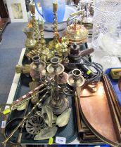Brassware, copperware, etc., to include pair of candlesticks, an Eastern copper kettle with brass em