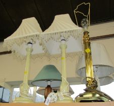 A brass table lamp, of Corinthian column form, together with two further table lamps.