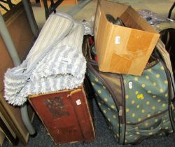 A mid century pressed leather suitcase, together with various LP records, mincer, etc. (a quantity)