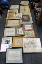 Various pictures, prints, etc., to include map of Hampshire, pencil studies of cottages, botanic stu