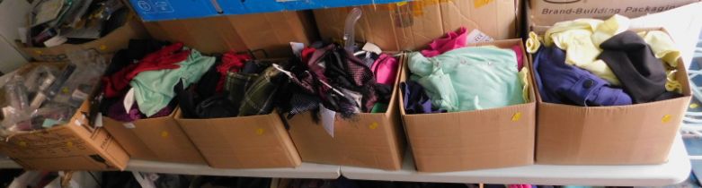 Assorted ladies clothing, to include scarves, cardigans, gloves, etc. (5 boxes)