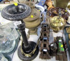 A group of brassware, to include samovar, kettle and stand, a cast iron smokers stand, O gauge locom