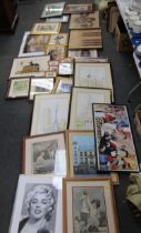 Various pictures, prints, etc., embroideries, watercolours, etc. (a quantity)