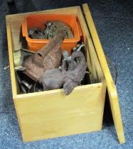 A bread bin containing various horse brasses, model of an elephant, etc. (a quantity)