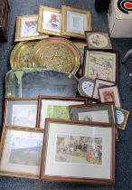 Various pictures, prints, etc., in brass chargers, 19thC colour engravings depicting Bishop Bridge S