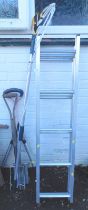 A three tier extending ladder, gardening tools, shears, fork, spade, etc. (a quantity)