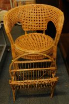 A wicker side chair and magazine rack.