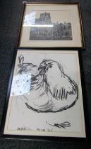 A charcoal sketch of a hen, bearing signature Maya, dated '96, and a further pastel of Solihull Know