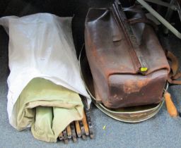 A canvas camping bed, together with a Gladstone type bag, tray, etc. (a quantity)