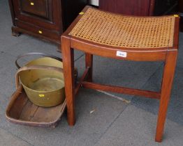 A rush seated stool, basket, and a coal bucket. (3)