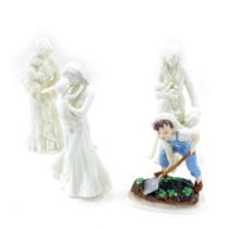 Three Royal Worcester figures, comprising First Kiss, New Arrival, Once Upon a Time, and a Royal Wor