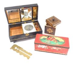 A Tunbridgeware style square box, an oriental black lacquer and peacock design black trinket box, an