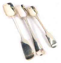 Three 19thC silver cheese scoops, comprising one fiddle pattern large example, London 1839, and two