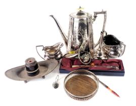 Various silver and silver plated wares, comprising a silver plated coffee pot, wine funnel, cheese k