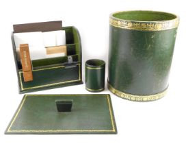 Green leather desk/office supplies, comprising letter rack, waster paper bin, pen set, etc.
