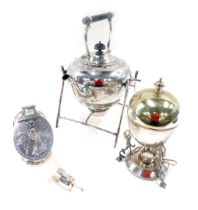 Silver plated wares, comprising a silver plated kettle on stand, 32cm high, an etched miniature coal