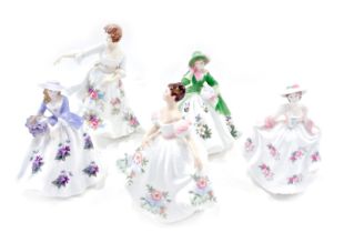 Five Royal Worcester and Doulton ladies, comprising Sweet Holly, Sweet Violet, Sweet Rose, Royal Dou