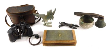 Treen and trinkets. A Pegasus stainless steel stand, set of nutcrackers, leather wallet, Middle East