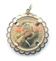 An Elizabeth II half gold sovereign pendant, dated 1982, in 9ct gold pendant mount, 5g all in.