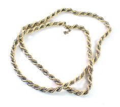 An Italian bicolour twist necklace, with rope twist and box link chain, safety chain, yellow metal s