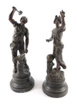 A pair of French spelter figures, travail and science, each on a stepped foot, 49cm high. (2)