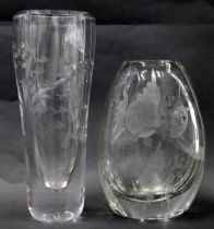 Two etched glass vases, comprising dolphin and fish, 21cm high, and fantail fish in seaweeds, 17cm h