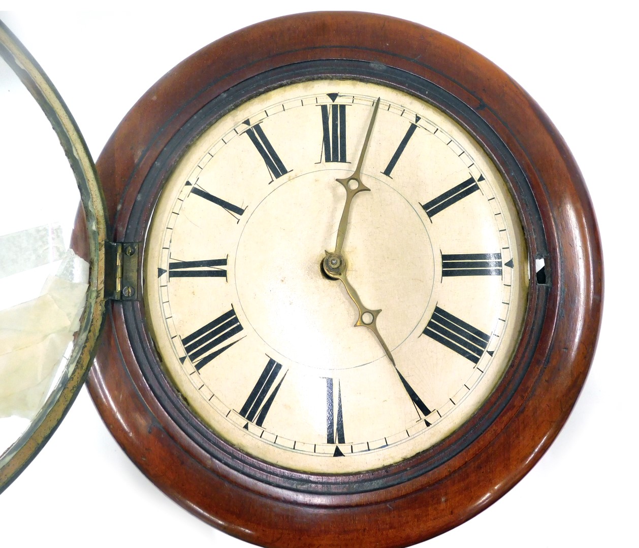A late 19thC mahogany cased wall clock, circular dial bearing Roman numerals, with weights, 33cm wid