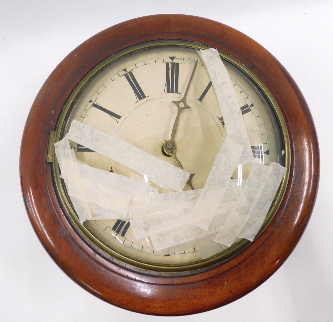 A late 19thC mahogany cased wall clock, circular dial bearing Roman numerals, with weights, 33cm wid - Bild 2 aus 3