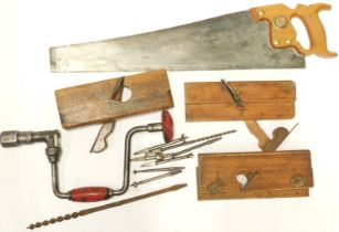 Woodworking tools, comprising saw, hand drill, etc. (a quantity)