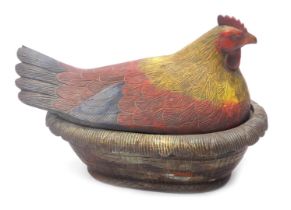 A large painted wooden chicken egg box and cover, of hen and basket form, 84cm wide.
