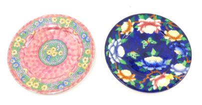 Two Maling cabinet plates, comprising a pink floral lustre finish cabinet plate, 28cm diameter, and