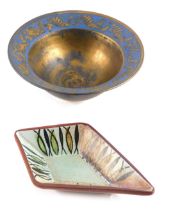 Two items of studio pottery, comprising a diamond shaped pin dish stamped FL, 16cm wide, and a black