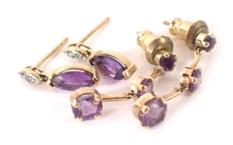 A pair of 9ct gold three tier amethyst drop earrings, with later plated backs, and a pair of amethys