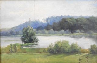E Berckemeyer (Continental, late 19thC). River landscape, oil on board, signed, dated 1894, 20cm x 3