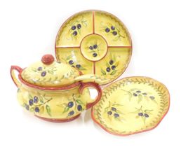 An Oliver's Olive kitchen ware set, comprising tureen cover and serving ladle, serving plate and hor