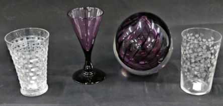 Decorative glassware, comprising a purple swirl glass paperweight, 15cm high, a purple glass stem va