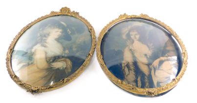 A pair of late 19th/early 20thC concave prints, to include The Duchess of Devonshire, pair in oval g