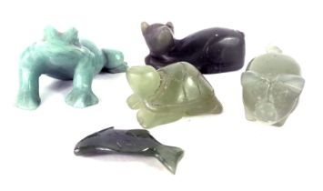 A group of hardstone animals, comprising frog, pig, tortoise, fish, and seated dog, the largest 3cm