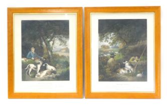 After George Morland. Shepherds Reposing, The Weary Sportsman, and a pair of coloured engravings by