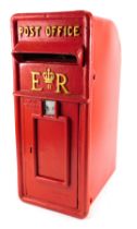 A metal red post box, stamped Post Office ER, 60cm high, 25cm wide, 31cm deep.