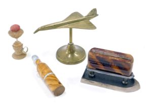 19thC and later novelties and curios, comprising a brass Concorde on plinth, a bugolette miniature i